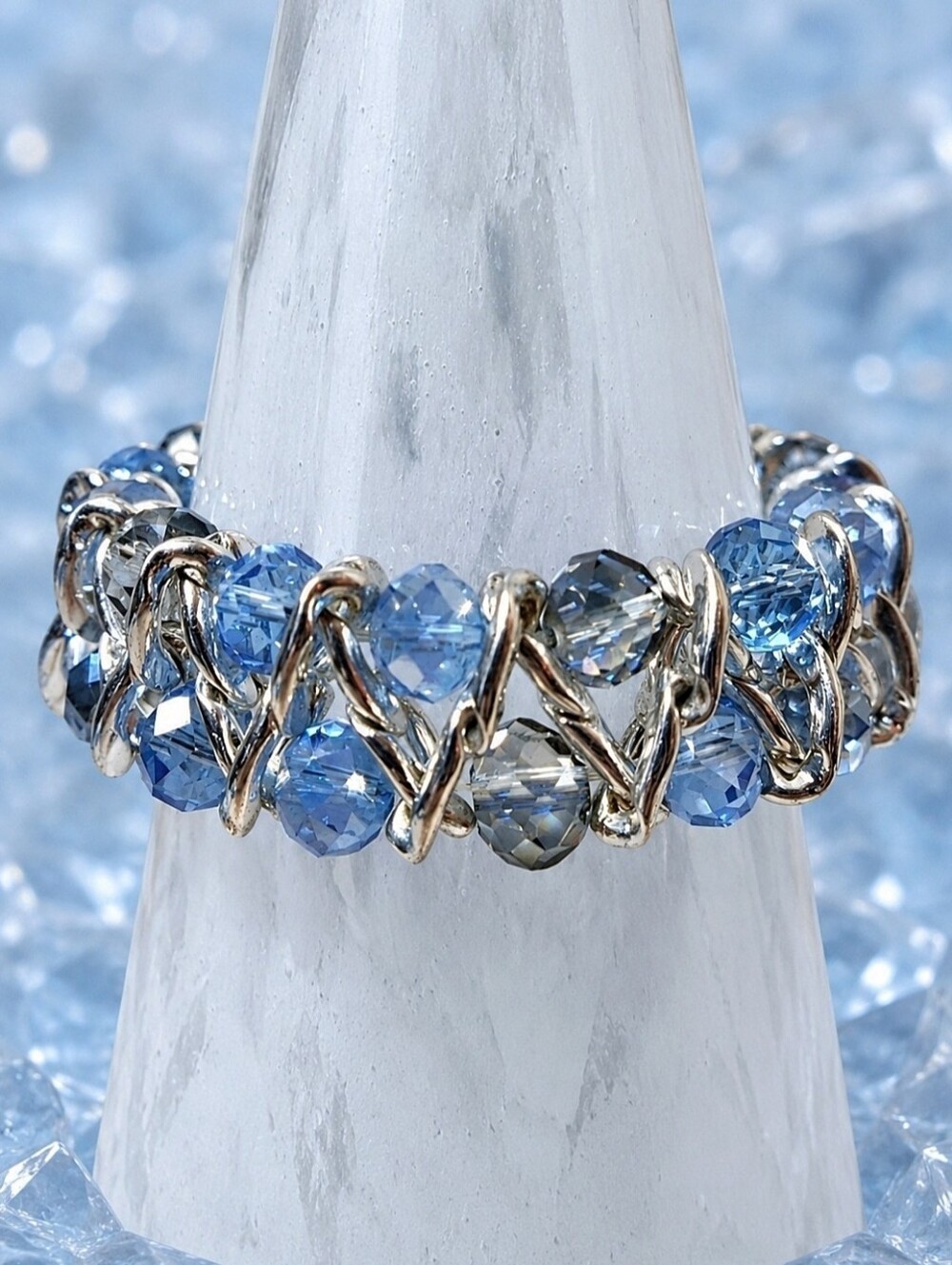 Blue Iridescent Crystal Aurora Borealis Chrome Plated Stretch Dual Row Bracelet